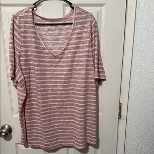 Pink and White Striped V-Neck Top with silver accent stripes